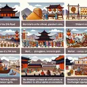Create a scene with symbols representing the historical elements of Ancient China. Show merchants on the Silk Road, granaries storing grain, standard coins, market with different industries. Also, depict the Shang dynasty's achievements: pictographs, bronze metalwork, but no metal coins or Silk Road. For the festivals, illustrate people making loud noises, suggesting a chase away of evil spirits and an awakening of ancestor spirits. Finally, depict a strong army, respectful rulers, a set-up that symbolizes a civil service based on Confucian ideas, and family members governing different regions. No text should be included.