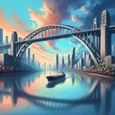 Imagine a serene cityscape. In the foreground, there's a sturdy bridge arching gracefully over a tranquil river. As your gaze moves further, you can see a large ship smoothly gliding through the waters under the bridge. Beyond the ship, the skyline is dominated by an array of impressive buildings forming an urban backdrop. The sky above is a beautiful palette of colors, reflected on the surface of the river. Now, consider this, which element in this depiction closely matches the hue of the sky? Could it be the bridge, buildings, river, or the ship? It is suggested to be the river.