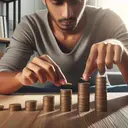 Visualize a young South Asian man deliberately placing three piles of coins on a wooden table. The piles represent the deposits he makes in consecutive months. The first and third piles are significantly smaller than the middle one, illustrating a geometric progression. They are set in a line, steady as if following a pattern. Each coin gleams with a golden hue, symbolizing the value of saving. The room is naturally lit, the sunlight streaming in revealing the determination and commitment in the man's eyes. Make sure this image contains no text.