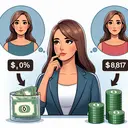 Illustrate a financial scenario with a female character named Maria, who appears to be Hispanic. Depict her with a thoughtful expression, considering two distinct investment portfolios in front of her. One is symbolized by a 6% sign, and the other by a 7% sign. Show a pile of dollars amounting to $12,000 next to her. Also, represent the combined yearly returns from these portfolios as a stack of $817. Remember, the image should not contain any text.