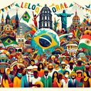 Create an image that symbolizes the richness and diversity of Brazil's culture. The visual elements should reflect a blend of colorful street festivals correlating with their large Catholic population, globe denoting its world status, an array of diverse individuals representing the profound mix of ethnic origins, Portuguese writing as the dominant language, and a background of Brazil's notable landmarks such as Christ The Redeemer and the Amazon Rainforest. Please ensure the image contains no text.
