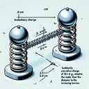 Illustrate a physics experiment set up. There are two metallic spheres placed 8.0 cm apart, each attached to an identical spring. Suddenly, an identical charge of 2.5 x 10^6 C is administered onto each of the spheres, causing them to repel each other and make the distance between the spheres to double. Ensure that the springs are stretched as a result, indicating the increasing tension. Please do not include any text in the image.