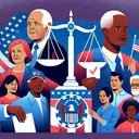 An illustrative image that conveys the importance of the Voting Rights Act of 1965, showing citizens from various backgrounds participating in a democratic activity: voting. The image should depict a diverse collection of people, such as a middle-aged Caucasian woman, a young Black man, an elderly South Asian man, and a Hispanic woman in her 30s, all casting their votes. Also, illustrate a balanced scale symbolizing equal voting power and a shield representing the protections of the Bill of Rights, but without any written text.