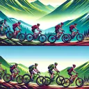 An engaging scenic landscape featuring six cyclists on red mountain bikes and four cyclists on green mountain bikes. The cyclists should be riding on a challenging mountainous trail, demonstrating unity and sportsmanship. The scene should have vivid colors, where the red and green of the bikes contrast sharply with the natural backdrop. Keep the image clean and free of text.