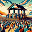 Illustrate an abstract image that embodies the concepts of government, the people, and common interest. Depict a large group of diverse individuals - men and women of various ethnic backgrounds such as Caucasian, Hispanic, Black, Middle Eastern, South Asian, and White - holding up a structure symbolizing the government. To represent common interest, depict the structure as a communal symbol like a bridge or a public building. The scene should be peaceful and prosperous, suggesting support and assistance from the government to its people. Remember: the image should not contain any text.