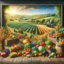 An engaging agricultural scene depicting a variety of freshly harvested crops. Picture an array of colorful fruits and vegetables meticulously arranged in crates, and verdant fields stretching over rolling hills in the background. Bright sunlight bathes the landscape, hinting at a productive harvest season. In the foreground, there could be a framed scene of farmers carrying sacks filled with grains; next to them, a vintage tractor stands ready for more work. This image should embody the idea of a food surplus without explicit text.