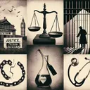 A thought-provoking image with vintage aesthetics symbolizing concepts of reform. Let it include elements that represent the following: a balance scale to represent justice and anti-lynching efforts, an old iron gate showing the shadow of a person behind to represent prison reform, a broken chain to symbolize suffrage, a pouring out wine bottle to represent prohibition and a stethoscope wrapped around a heart representing healthcare. No specific person or figures should be included in this image.