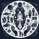 Create an image that represents the theme of Latino astronauts contributing greatly to science and their communities. It should include visual hints of space exploration like a spaceship, planets, and stars. Also, illustrate elements that symbolize community service, like helping hands, community symbols or logos. However, it should not include any text or identifiable figures.