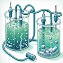 Create a detailed, visually compelling illustration related to chemistry. Specifically, show two connected electrochemical cells. Winding electrical wire whose ends are plugged into different compartments of the cells. One cell is filled with a bubbling, greenish solution to represent AlCl3 (Aluminium Chloride) while other cell have a light blue liquid to represent AgNO3 (Silver Nitrate). There is a cathode in the AgNO3 solution with silver crystals gradually forming on it. In the AlCl3 solution, there should be small pieces of aluminum sinking to the bottom. Please make sure the image does not contain any text.