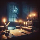 A thought-provoking scene depicting an important historical event of the mid-19th century. Create an image of a candle-lit room with a desk where important documents are scattered. On the desk, there's a quill and an untouched, rolled parchment. In the background, there should be a window through which starry night can be seen. The atmosphere should project the weight of a pending big decision, but make sure no text is included in the image.