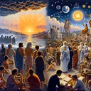 A scene that contrasts the traditional and scientific worldviews of ancient Greece. On the left, ancient Greek citizens under a rainy sky, looking up in wonder and attributing the weather to gods and spirits. The setting sun on the horizon, with people interpreting it as a divine phenomenon. On the right, Greek scientists are observable conducting various scientific studies, like a philosopher in deep thought, a mathematician calculating angles, a biologist examining plants, and a physicist studying elements of nature. They all are engaged in systematic observation, experimentation, and analysis of natural phenomena.