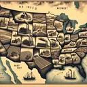Craft an image of an old, detailed map of the United States. Include various visual cues, such as smaller illustrations of factories with smokestacks in the north east which suggest manufacturing activities. Scatter farming fields and crops throughout the south, indicating an agricultural industry. For the north east, hint at the presence of ports with ships nearby the illustrated mills. In the Midwest, portray sparse populations through scatted small houses and vast open lands.
