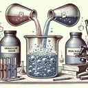 An illustration of two containers labelled as 'Vanadium (II) Oxide' and 'Iron (III) Oxide', next to them are two more containers labelled as 'Vanadium (V) Oxide' and 'Iron (II) Oxide'. The first two containers are tilted as if pouring their contents into a large chemical beaker in the middle. An action indicating a chemical reaction taking place is symbolized by bubbles and sparkles inside the beaker. Everything is set on a table with common laboratory equipment around, including test tubes, microscope, lab coats hanging nearby, and papers with chemistry notes scattered. No written text should be visible in the image.