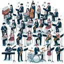Illustrate a diverse school band of 43 members in action, with a mix of different genders and descents. Show 16 students playing the piano, 17 playing the bassoon, and 23 playing the drums. Among them, highlight five students who are playing both the piano and the bassoon, 11 students who are playing both the bassoon and the drums, and 8 students who are playing both the piano and the drums. Make sure to depict in a subtle way, without using numbers or words, three students who are playing all three instruments.