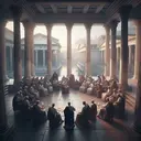 An artistic representation highlighting ancient Roman era, specifically showing a group of plebeian tribunes participating in a government meeting. The composition captures their leadership attitude and influential role, framed by the classical architecture of the Roman forum. The scene is lit by the soft, fading light of twilight, with ample space to further embody the magnitude of their political power. The important figures appear to be locked in passionate debate, with focused expressions, showcasing the immense power they held in the Roman government. All the characters are genderless, reflecting the idea of the collective power of the plebs. Ensure the image contains no text.