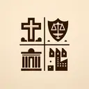 A neutral-toned image featuring a stylized illustration of the architectural symbols of government. Please emphasize four distinct areas each symbolizing: 1) a simple cross representing religion, 2) a balanced scale symbolizing criminal law, 3) a shield for national defense, and 4) a factory representing economic development. All these elements should not contain any text and the factory should be in the foreground, indicating standout importance.