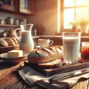 Create a non-textual image representing a typical breakfast scene. The image should vividly depict a glass of milk and a loaf of bread on a rustic wooden table, symbolising the 'la leche' and 'el pan' referenced in the question. The background can include a sunny kitchen window, providing a warm ambiance. Additionally, include a small plate with butter and a jar of marmalade along with cups of coffee and tea placed on a tray nearby to represent the other choices mentioned. However, make sure that the emphasis remains on the milk and bread.