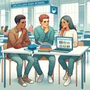 Create an image of an indoors scene at a modern high school. The scene shows three diverse high school juniors: one Caucasian male, one Black female, and one Hispanic male. They are thoughtfully engaged in a conversation about their plans after graduation. On the table between the students, visualize some college brochures and a laptop displaying a website with various universities. Use soft school color tones.