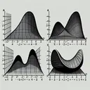 A visually engaging representation of the four mathematical functions mentioned. Illustrate each function distinctly on a two-dimensional graph. Function A should appear as a straight line sloping downward, for y=-4x+10. Function B should appear as a curved line, a quadratic, for y=1/2x^2. Function C, for y=3^x, should curve steeply upward. Function D, for y=x^2+2, is another quadratic but with a positive y-intercept. Ensure no text appears in the image.