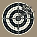 Please generate an image of an archery target, designed with three concentric circles, which correspond to the ring numbers 3, 5, and 7, as shown on the right side of the frame. The image should contain six arrows, each lodged in one of the rings of the target. The outcome of these shots is left ambiguous to allow for possible scores of 16, 19, 26, 31, 41, or 44. Note that the image should have no accompanying text.