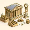 A visual representation of banking. Illustrate a traditional bank building with columns at the entrance. Display a tray of neatly stacked coins representing the initial investment of RM10000. Next to it, depict a larger pile of coins, symbolizing the greater amount of RM10100.14 received after the investment. Also, show a vintage clock with its hands pointing towards '3.5', indicating the simple interest rate of 3.5%. Capture the entire scene in a mature and professional tone. The scene should be clear and straightforward, without any textual elements.