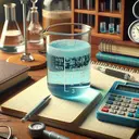 An image depicting an academic chemistry setting. The main focus is a clear glass beaker filled with a light blue liquid, indicating a solution. On the wooden table around the beaker are various kinds of scientific measuring instruments such as pH meter, notebooks, and a slide rule. Note that 0.025 mol dm^3 trioxonitrate (v) solution is described, but remember that no numbers or text should appear in the image.
