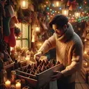 An enchanting holiday-themed scene featuring a cozy little shop owned by an East Asian man. The store is filled with various items such as colorful strings of lights, holiday ornaments, and wreaths. The shopkeeper, wearing a sweater, is seen selecting large pine cones from a rustic wooden crate, an essential commodity for the holiday season. He is delicately dipping them into a bowl of aromatic oils, imbuing them with Christmas-inspired scents such as cinnamon and vanilla. The image exudes a warm glow, along with the fragrant essence of pine, making it the perfect accompaniment for the text and question.