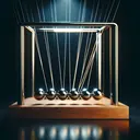Generate an image portraying a Newton's Cradle in a captivating manner. The cradle is in full swing, with the outermost metal balls leaving and impacting the set with energy and precision, exemplifying it as an almost ideal closed system. The cradle resides on a wooden base, under a spotlight, giving it a moody and dramatic effect. Remember, the image mustn't contain any text.