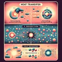 An educational graphic illustrating the physical concept of heat transfer via three different methods in a visually engaging manner. One segment of the image shows particles of a substance transferring heat via touching, representing conduction. Another depicts heat being transferred through space, symbolizing radiation. The third section shows vibrating molecules, representing heat transfer through vibrations. No answer is given, encouraging viewers to think about the mechanisms involved.