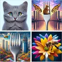 Generate an image containing a variety of pleasing scenes, each demonstrating a different aspect of the concept of proportion. Firstly, a pair of cats that could be interpreted as being variously related, the same age, or perhaps an optical illusion due to their proportional relationship. Secondly, a vibrant cityscape with an anomalously large fork placed within it, demonstrating manipulations of scale and proportion. Thirdly, an imagery where the object in the foreground appears larger, offering a clear demonstration of perspective and proportion. Fourthly, a buzzing bee interacting with a breathtaking flower, but with their proportions intriguingly adjusted, it's difficult to tell which is larger or smaller. However, make sure there is no text present in the image.
