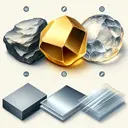 An illustrative image without any text, showcasing a variety of material representations. The first one is a shiny, yellow nugget, representing gold. The second one shows a smooth gray chunk of silicon. The third one should be a transparent, lightweight sheet of material, representing polycarbonate. Finally, a piece of sleek, lightweight, silvery gray aluminum should be depicted. All these items are arranged neatly side by side for easy comparison, against a neutral background.