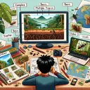 Illustrate an image showing a South Asian boy, named Jamari, working on a project about rainforest layers. Showcase his desk filled with different multimedia and visual aids like a nature video showing rainforest walk, a diagram depicting the levels of the rainforest, a photo of ants on the rainforest floor, and a map hinting at the locations of various rainforests. Alongside the media, display a variety of complex, basic, older and multiple topics related materials. Specifically highlight a diagram, a video and a collage to denote mediums that can be classified as visuals.