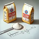 Create a detailed image depicting two packets of flour on a table. One packet should be labeled with a large 'A', while the other should carry a 'B' tag. Arrange them in such a way that it clarifies the size relationship between them, with packet B being twice as large as packet A. A measuring scale should be prominently displayed in the foreground of the image, indicating the 1:2 ratio between the two flour packets. The scene should be believable and realistic, capturing the simplicity of a baking setup.