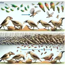 Visualize an ecosystem consisting of varying species of birds with different beak sizes and shapes. Some birds with larger beaks are feeding on seeds, cracking them open with ease, while others with more slender beaks are diligently hunting for bugs. However, the scene then changes showing an invasive species decimating the bug population, leaving the birds with only seeds to survive on. The scene should depict a potential shift in the survival dynamics of the bird population and the influence of natural selection.