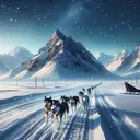 Create an appealing image that represents a sled dog team in the arctic wilderness. The team shown should have an evident leader at the forefront, exhibiting a strong and confident posture, which appear to have a unifying effect over the rest of the team. The team should look stronger and traveling at a good speed, indicating their improved performance. Make sure the image is scenic, capturing the beautiful yet harsh conditions of the Arctic, with snow-covered trails, formidable mountains in the distance, and a clear, starry sky. Please ensure no text is included in the image.