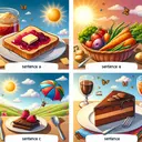 An educational scene highlighting common objects associated with different sentences. For sentence A, create an image of a shiny toast with butter and jelly. For sentence B, generate a basket of carrots, beans, and potatoes. The weather for sentence C can be represented by a vibrant kite flying high in a warm and sunny sky, while for sentence D, bake a chocolate cake alongside contrasting brownies served on a separate plate. Maintain a focus on educational themes and avoid including any text in the image.