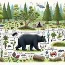 Create a detailed image showing several elements related to the food chain questions. For the first two parts, depict a simple food chain with various organisms, showing energy transferring between levels, with each level subtly decreasing in size to represent decreasing energy. For the third part, illustrate a black bear in the forest, surrounded by its diverse diet—grass, roots, berries, insects, fish, and mammals. Don't forget to include a clue of a campsite nearby with some leftover food that the bear might be attracted to. For the final part, present a food chain featuring a producer, like a plant, with multiple consumers of different sizes and types obtaining energy from it.