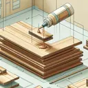 Visualize an educational scenario where a stack of thin layers of wood are being glued together to form a product. Depict the wood layers as thin and smooth, in shades of warm brown, and positioned in a staggered manner to capture the process of plywood manufacturing. Include a glue bottle dispensing an adhesive substance onto the wood layers. The final product should be a composed wooden sheet, symbolizing the final product as a composite material. Make sure there is no text in the image.