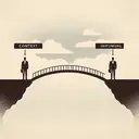 Create a symbolic image that represents the concept of context shaping language formality. The image could consist of two figures, one dressed in formal outfit and another in casual outfit, standing on opposite ends of a bridge. The bridge symbolizes the 'context,' transitioning smoothly from a formal to an informal setting. The image should have a light, neutral background, and no text.