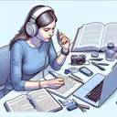 Create an image depicting a young woman wearing headphones, fully engrossed in listening to a podcast. She is sitting in front of a laptop, and have various tools around her. Show a notepad where she appears to be making an outline, a pen in her hand indicating she is about to write. Also, portray a few books open around her suggesting the search for evidence. Make sure all elements suggest an argument analysis situation without containing any explicit textual information.