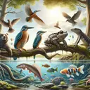 Create an image depicting a range of critically endangered animals from various categories such as birds, amphibians, fish and reptiles. The scene should be touching and evoke feelings of urgency for their preservation. Include a bird perched on a tree branch, an amphibian near a pond, fish swimming in clear water and a reptile basking in the sun. The setting must be natural, showcasing their habitats and the need for conservation.