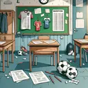 Create an illustration of an empty classroom with an atmosphere of a final exam day. There's a desk in the middle with question papers laid out. The walls are adorned with sport paraphernalia such as soccer balls, jerseys and running shoes used to signify it as a physical education room. There are unused answer sheets next to the question papers on the desk, and a clock on the wall implies the passing time.