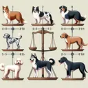 Illustrate an appealing image of six diverse dogs standing on a balance scale. Include various types of dogs such as Border Collie, Dalmatian, Australian Shepherd, Siberian Husky, Poodle, and Great Dane. Show each of these dogs with corresponding weights in front of them but without listing the actual numbers. The Border Collie will represent the lightest weight and the Great Dane represents the heaviest. Each dog weight is represented by the position of the scale balance, the Border Collie on the one end showing lightness and the Great Dane on the other end showing heaviness. Ensure that the image contains no written text.