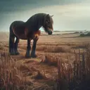 A poignant scene depicting a horse in a barren field, gazing longingly into the distance. The horse is a beautiful chestnut color, with a lowered head and melancholic eyes. The field is dry and devoid of greenery, representing the horse's current situation. The sky above is a somber gray, amplifying the sad and desolate environment.