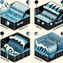 An illustrative and appealing image about wave transmission in materials. The image should have four different sections, prominently divided. In the first section, illustrate waves bouncing off the surface of a material, representing reflection. In the second section, show waves passing through the material, symbolizing transmission. The third section should depict waves bending and changing direction slightly as they hit the material, denoting refraction. The fourth and last section should portray waves stopping and transferring energy when they hit the material, embodying absorption.