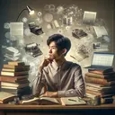 Generate an image of a young Asian student, sitting at a classic wooden desk, deep in thought. The student is surrounded by an array of research materials including books, a laptop showing digital archives, stacks of newspapers, and scientific journals. These materials are indicative of different forms of evidence like written records, online resources, and empirical data. To represent the thought process, depict the student staring at a blank canvas, which symbolizes the unwritten paper. Also, a soft glow from a desk lamp illuminates the student and the research materials.