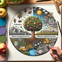 Create an image encapsulating the themes discussed in the educational question provided. It should represent different types of ecosystem services. Have a visually distinct section for pollinators like bees, a corner with an apple tree offering shade and its apples being used for cooking and a representation of indirect ecosystem services like nutrient cycling. Also depict ecosystems of various sizes and types, conveying the idea that some are microscopic and others are much larger. Lastly, include a portion representing ethical and aesthetic services provided by ecosystems.