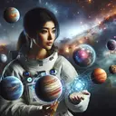 A South Asian female astronaut floating weightlessly amid a cosmic backdrop of galaxies and nebulae, engaged in deep thought as she evaluates which planet might exert the greatest gravitational pull. Her eyes gazing at a variety of planets that spread before her in the vast expanse of space, each with distinct colors, sizes, and terrain. She holds a holographic device projecting images of multiple planets, aiding her in her contemplation.