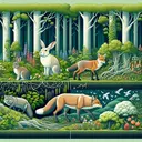 Create an image illustrating an ecosystem with rabbits, foxes, wolves, and deer in a harmonious coexistence. Show a lush forest with diverse fauna and flora supporting these inhabitants. Depict the cohabitation and interaction among the four indicated species, highlighting the importance of each species to the balanced ecosystem. The illustration should subtly hint at the intricate nature of ecological health and biodiversity, featuring differing types and amounts of organisms but without text or explicit indications of such concepts.