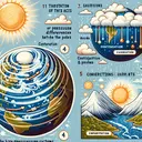 Create an educational illustration demonstrating the following concepts: 1) The rotation of the Earth on its axis and its effects on pressure difference between the equator and the poles. 2) The reason for sun's rays directly hitting the equator making it the hottest part of Earth’s surface. 3) The process of cloud formation showing transpiration, condensation, precipitation, and evaporation. 4) A depiction of what happens when air cools down and descends, causing high-pressure systems. 5) A representation illustrating convection currents driving the circulation of air in the atmosphere. Remember, no written text should be shown in this image.
